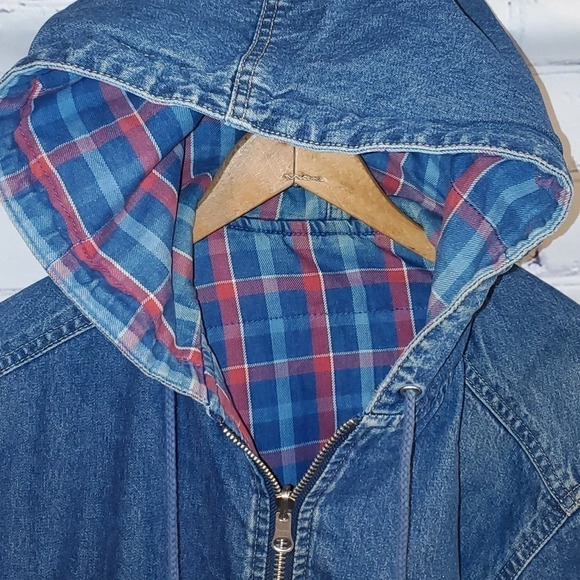 Vintage 90's Denim and Plaid Zip Up Midweight Reversible Coat w Zipper Sleeves - Picture 5 of 16